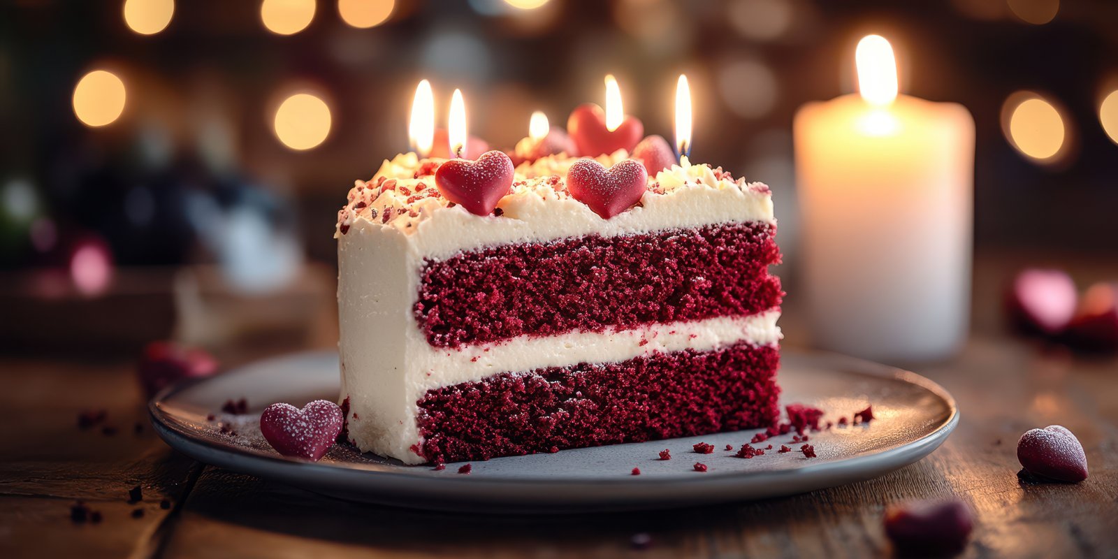 Red velvet cake with candles and heart decorations for a special celebration in a cozy setting